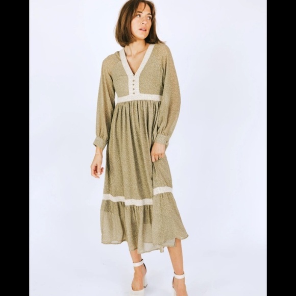 In Loom Floral Border Print Midi Dress‎ Size S cream tan boho cottage core - Picture 4 of 13